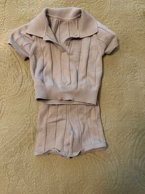 Kids Beige Knit Matching Set - 100% cotton Short Sleeve Polo Top & Shorts